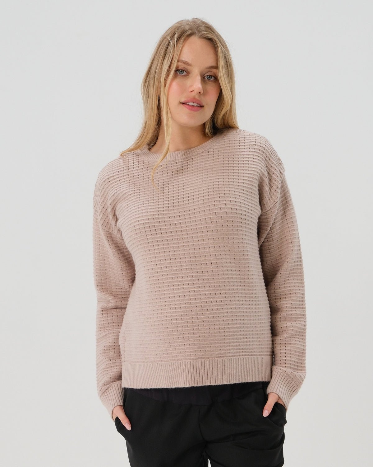 Taupe neutral premium maternity and nursing sweater in stretch cotton box knit. Featuring shoulder button detail for breastfeeding and discreet hem thumbholes for an extra cozy fit. Oversized fit is flattering, polished, and versatile - transitioning from pregnancy workwear to loungewear to streetwear with ease. Petite and tall friendly; available in regular and plus size.