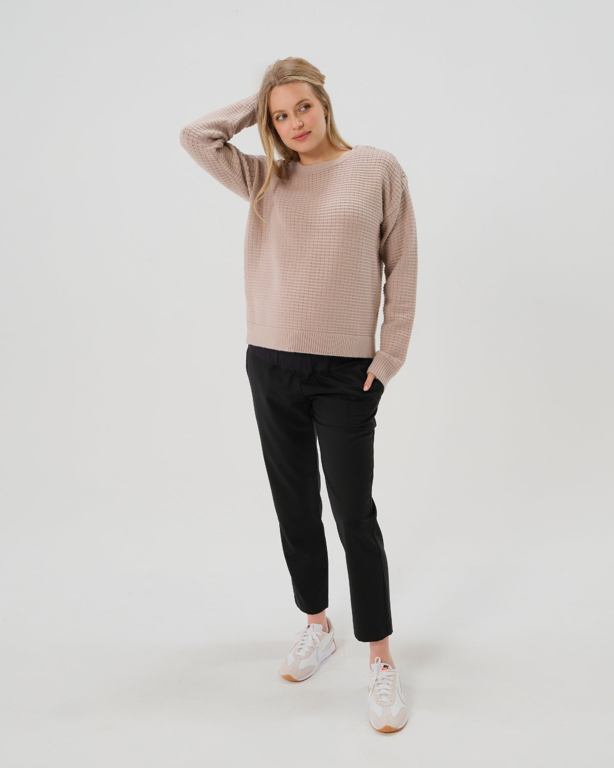 Taupe neutral premium maternity and nursing sweater in stretch cotton box knit. Featuring shoulder button detail for breastfeeding and discreet hem thumbholes for an extra cozy fit. Oversized fit is flattering, polished, and versatile - transitioning from pregnancy workwear to loungewear to streetwear with ease. Petite and tall friendly; available in regular and plus size.