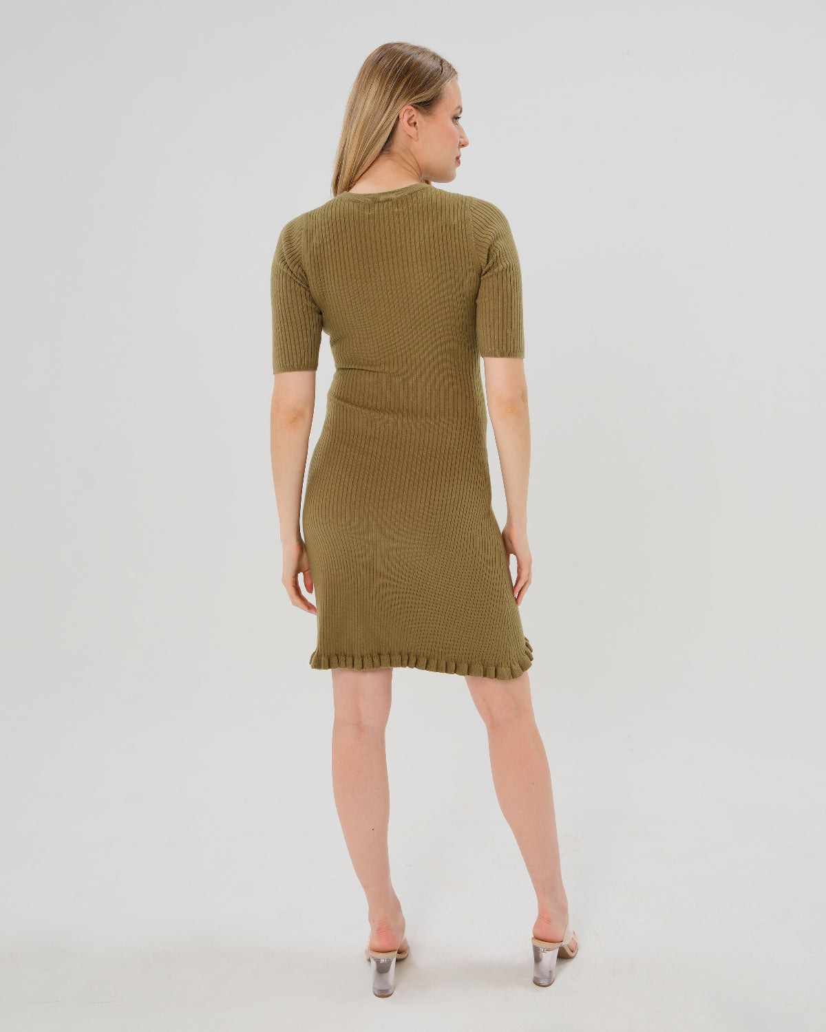Premium olive green maternity sweater dress with 3/4 sleeves, feminine ruffle hem detail, and luxurious cotton stretch knit. Perfect for work outfits, wedding guest, holiday parties, baby showers, and street style. Postpartum friendly.