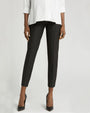 Black maternity work pants with stretch belly for bump comfort. Luxury maternity workwear trousers cut with stretch Italian suiting fabric. Featuring real pockets and slimming princess seams. Washable, sustainable, petite friendly business attire separates, perfect for pairing with a blazer as a pregnancy pantsuit. Courtroom friendly clothes for pregnant lawyers.