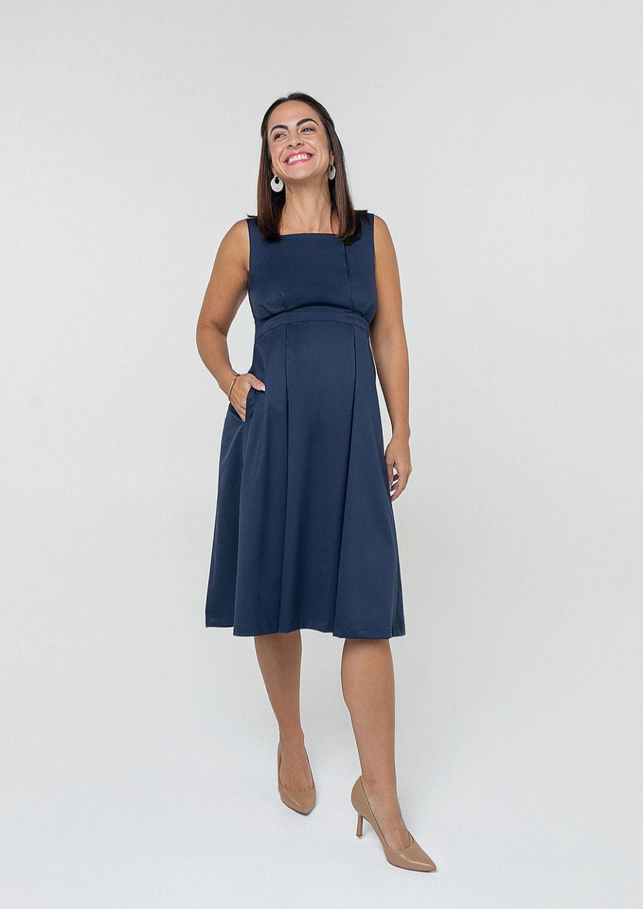 Blue petite maternity dresses by MARION, breastfeeding dresses with nursing zipper, empire waist, pockets. Made with luxury navy Italian fabric, washable, sustainable petite maternity clothes for work.