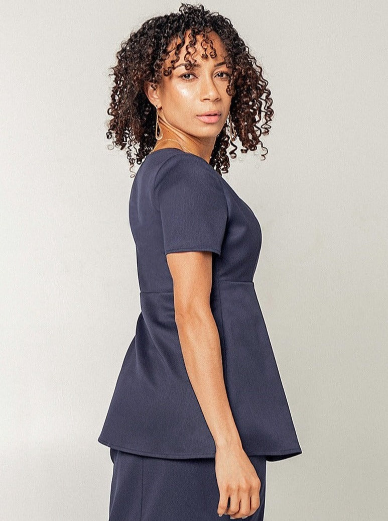 Maternity Suit Top paired with maternity pencil skirt. Professional maternity & nursing work outfit with invisible breastfeeding zippers. Sustainable, petite and standard sizes, navy blue.