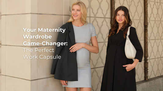 A guide to maternity business clothes for pregnancy and nursing. Luxury, sustainable dresses, trousers, blazers, and tops for pregnancy and beyond. Regular and petite sizing. 