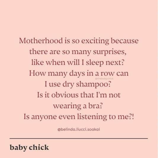 Instagram post from @thebabychick describing absurdities of motherhood, reshared by MARION Maternity & Mama. 