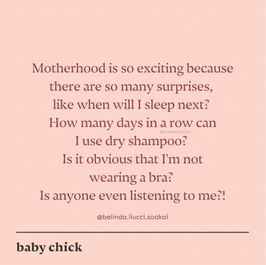 Instagram post from @thebabychick describing absurdities of motherhood, reshared by MARION Maternity & Mama. 
