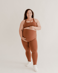 Scrunch butt maternity leggings in a flattering stretch belly style perfect for pregnancy and postpartum. Sand brown. 