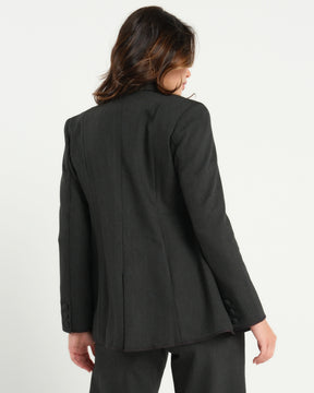 Charcoal gray maternity blazer suit jacket in luxury Italian stretch suiting fabric. Empire waist pant suit separates for your best pregnancy, breastfeeding, and postpartum fit. Petite and regular sizes. 38% sustainable recycled fibers. Also sold by Nordstrom, Bloomingdale's, and Macy's maternity. 