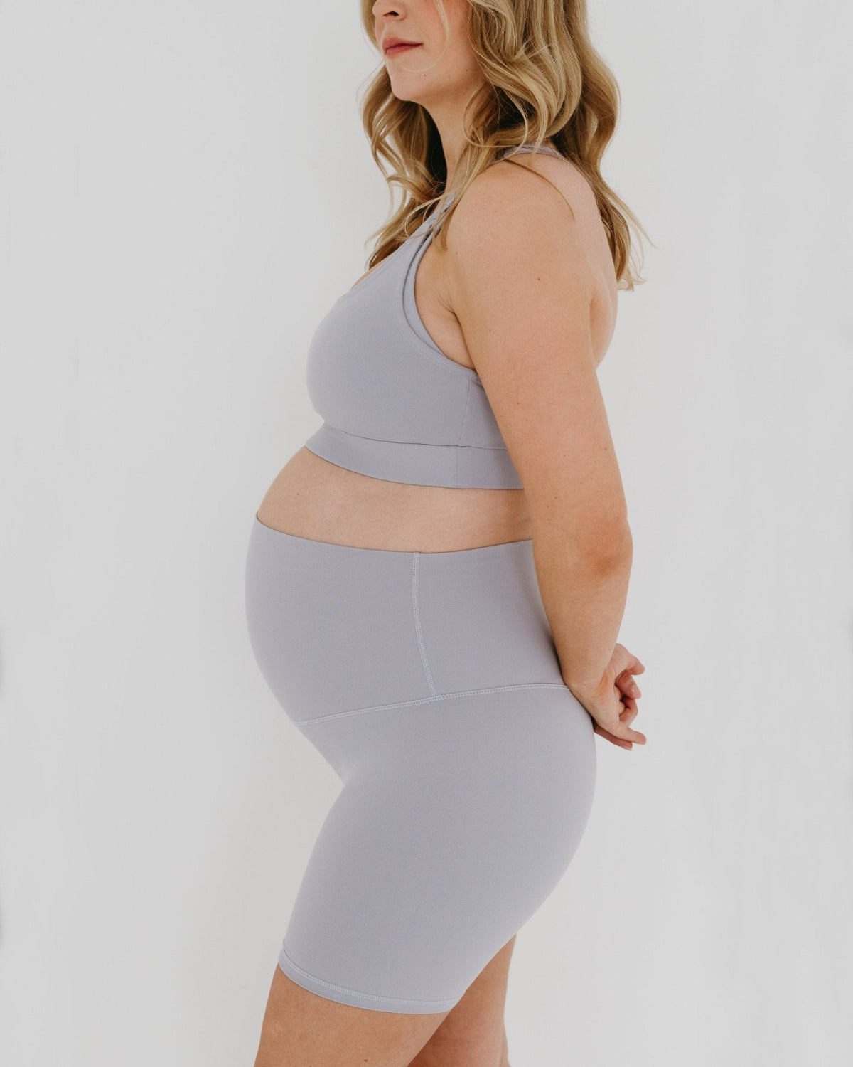 Light Gray AXK Maternity high-impact, racerback pregnancy and nursing sports bra. Part of AXK&#39;s collection of premium maternity athletic and activewear and designer loungewear collections