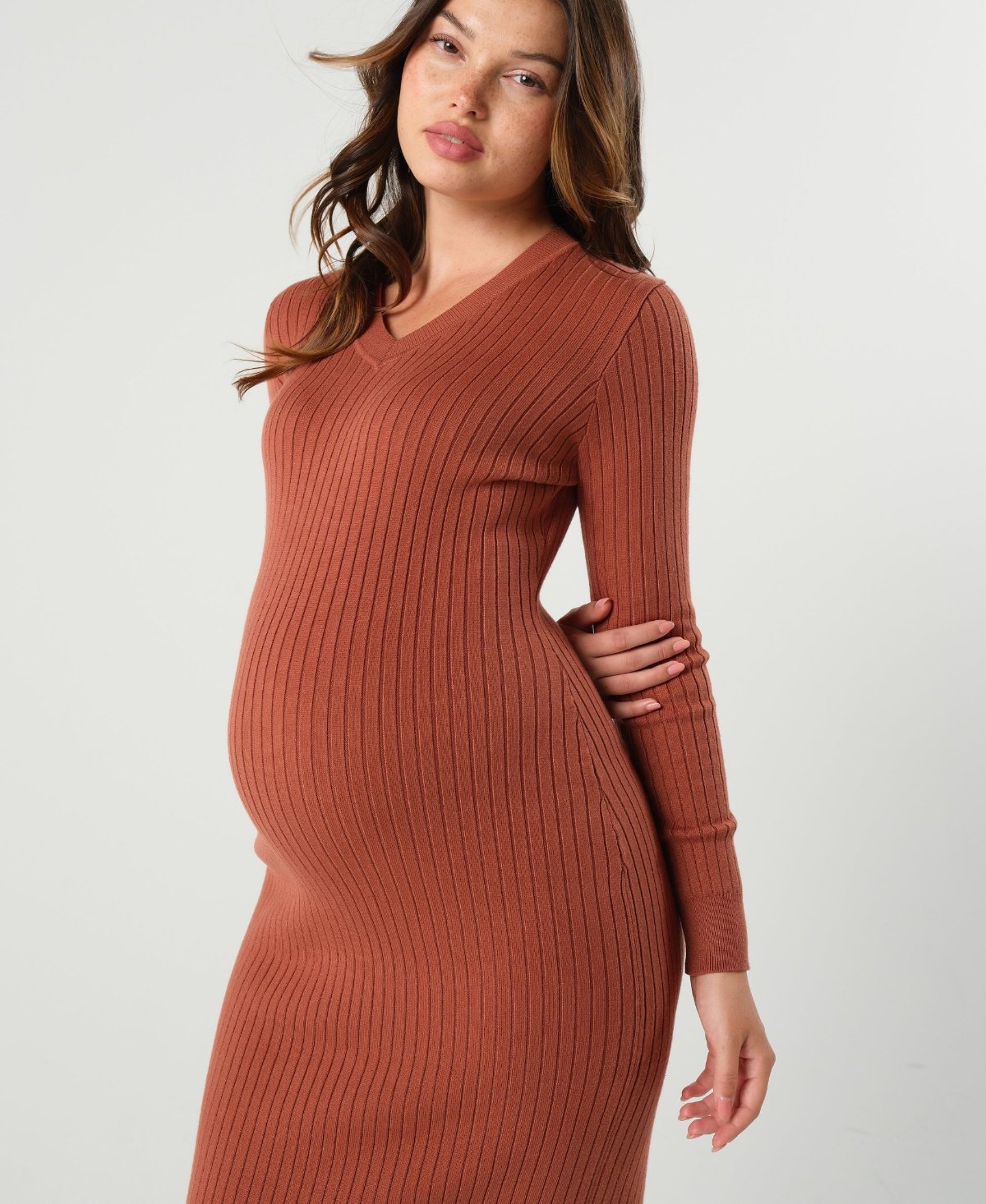 Maternity sweater dress, luxury copper orange nursing dresses, bodycon knit maxi breastfeeding friendly maternity dress. Long maternity dresses, petite friendly maternity office wear.