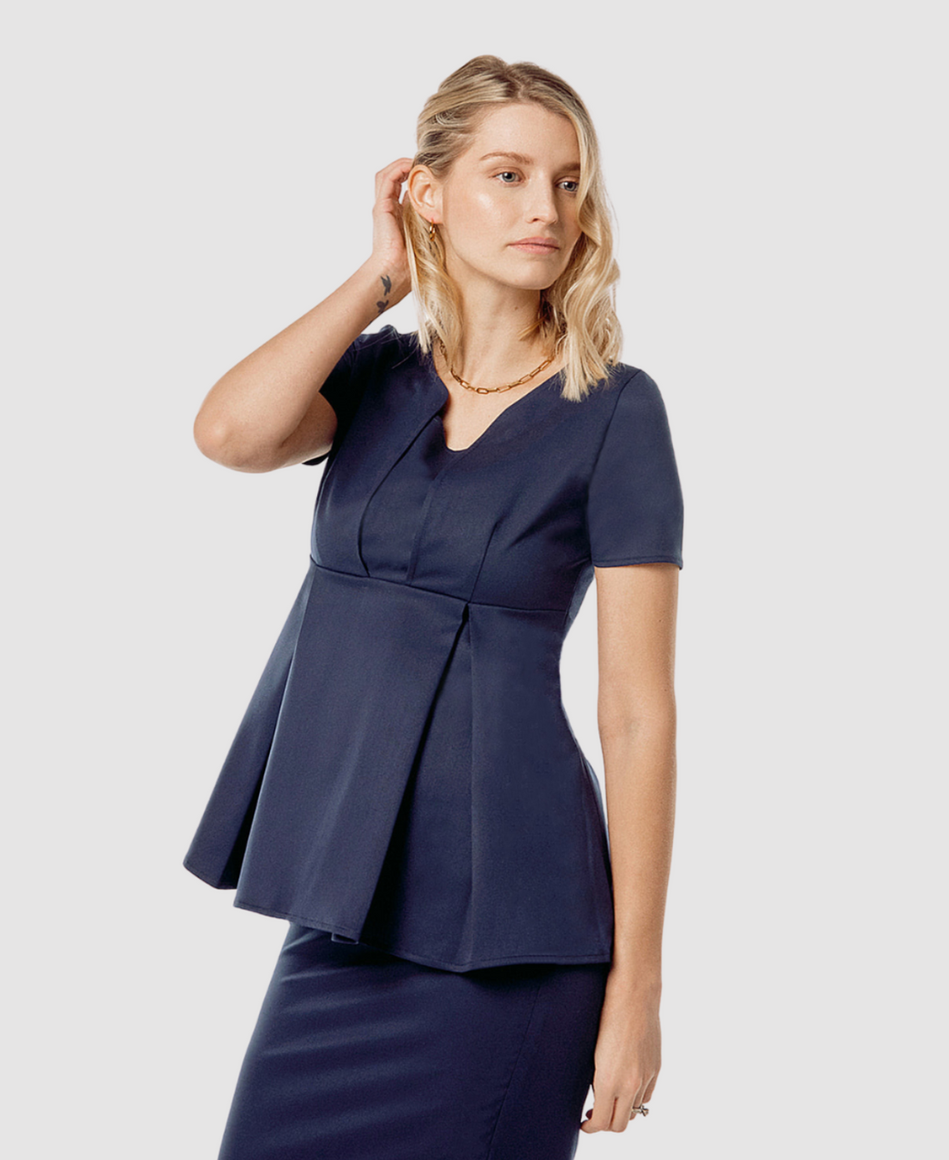 Navy blue luxury maternity suit top separates, part of corporate business maternity skirt suit or pant suit. Nursing access for breastfeeding and pumping ease. Cut with sustainable luxury Italian stretching suiting fabric, washable. For pregnant lawyers, executives, and boss ladies. 