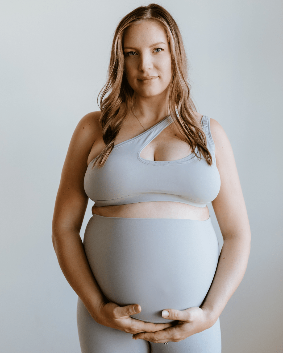 Light gray maternity and nursing bra made with exquisite, buttery fabric. Features a one-handed release for breastfeeding on the go. 
