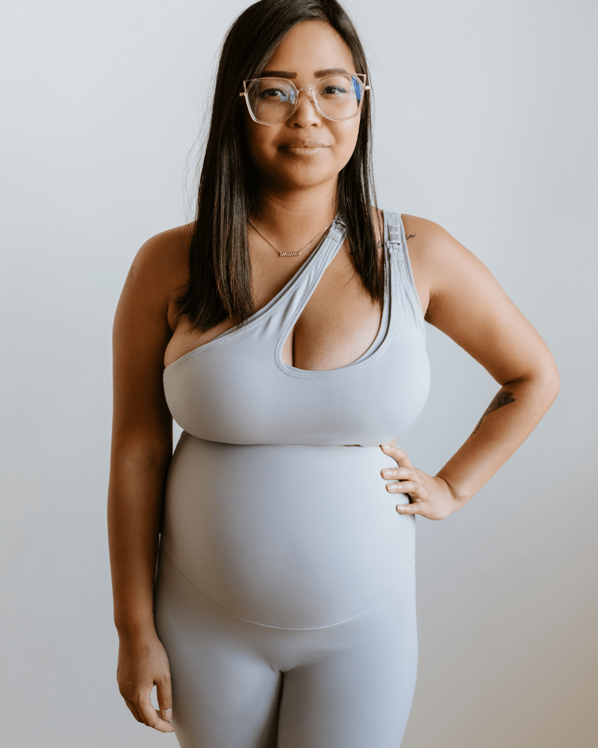 Light gray maternity and nursing bra made with exquisite, buttery fabric. Features a one-handed release for breastfeeding on the go. 