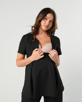 Black luxury maternity suit top separates, part of corporate business maternity skirt suit or pant suit. Nursing access for breastfeeding and pumping ease. Cut with sustainable luxury Italian stretching suiting fabric, washable. For pregnant lawyers, executives, and boss ladies. 