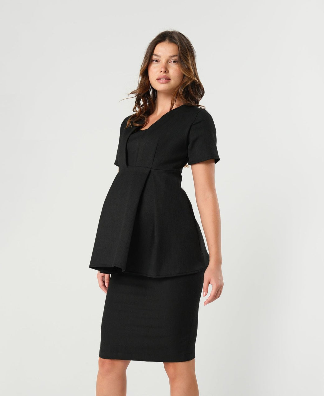 Black luxury maternity suit top separates, part of corporate business maternity skirt suit or pant suit. Nursing access for breastfeeding and pumping ease. Cut with sustainable luxury Italian stretching suiting fabric, washable. For pregnant lawyers, executives, and boss ladies. 