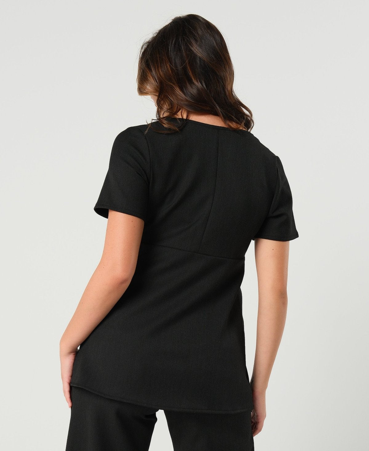 Black luxury maternity suit top separates, part of corporate business maternity skirt suit or pant suit. Nursing access for breastfeeding and pumping ease. Cut with sustainable luxury Italian stretching suiting fabric, washable. For pregnant lawyers, executives, and boss ladies. 