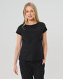 Pregnant woman wearing a black maternity short sleeve boat neck shell top with designer nursing zipper and easy, flattering elegance for work or going out. Cut in breathable, all-season tropical wool blend. This bestselling business apparel item features cap sleeves perfect for spring and summer pregnancy or breastfeeding; transitions perfectly for layering under jackets or sweaters in fall and winter. Available in regular and plus sizes. Petite and tall friendly. 