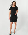 Premium black maternity and nursing dress for work. Our best selling maternity business apparel by MARION backed by 5-star reviews. This high quality nursing dress for the office features a hidden breastfeeding zipper. Luxury, sustainable Italian suiting fabric, short sleeves, round neckline. Petite friendly, core season 2026 collection.