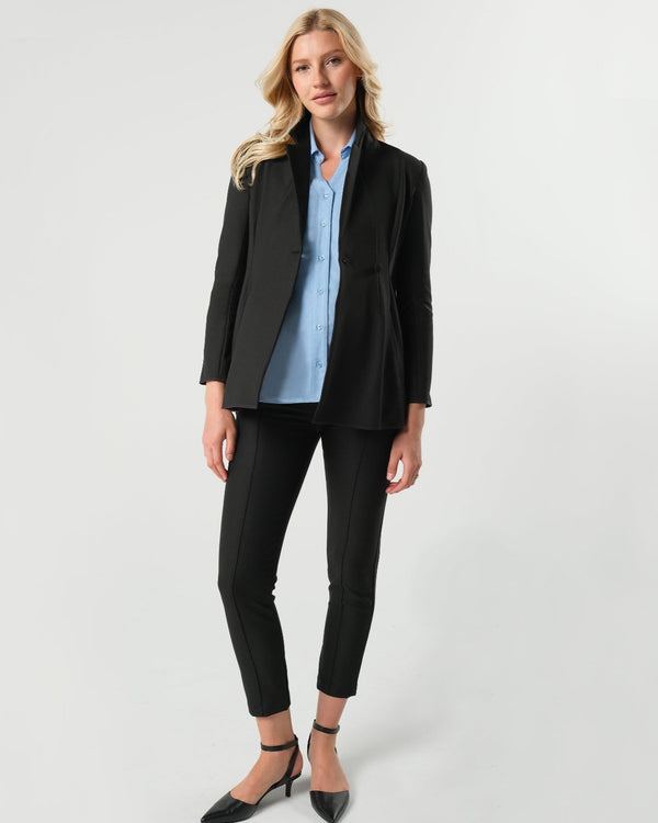 Black maternity blazer suit jacket in luxury Italian stretch suiting fabric. Empire waist pant suit separate for your best pregnancy, breastfeeding, and postpartum fit. Petite and regular sizes. 38% sustainable recycled fibers. Also sold by Nordstrom, Bloomingdale's, and Macy's maternity. 