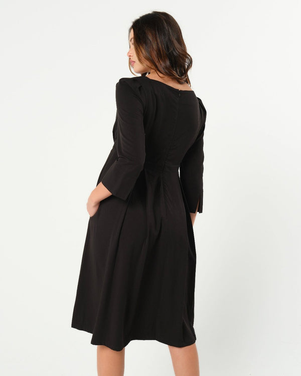 Black Maternity Nursing Dress Empire Waist Luxury Sustainable TENCEL Maternity Workwear for Business, Baby Shower, Wedding Guest in regular and petite sizes. 