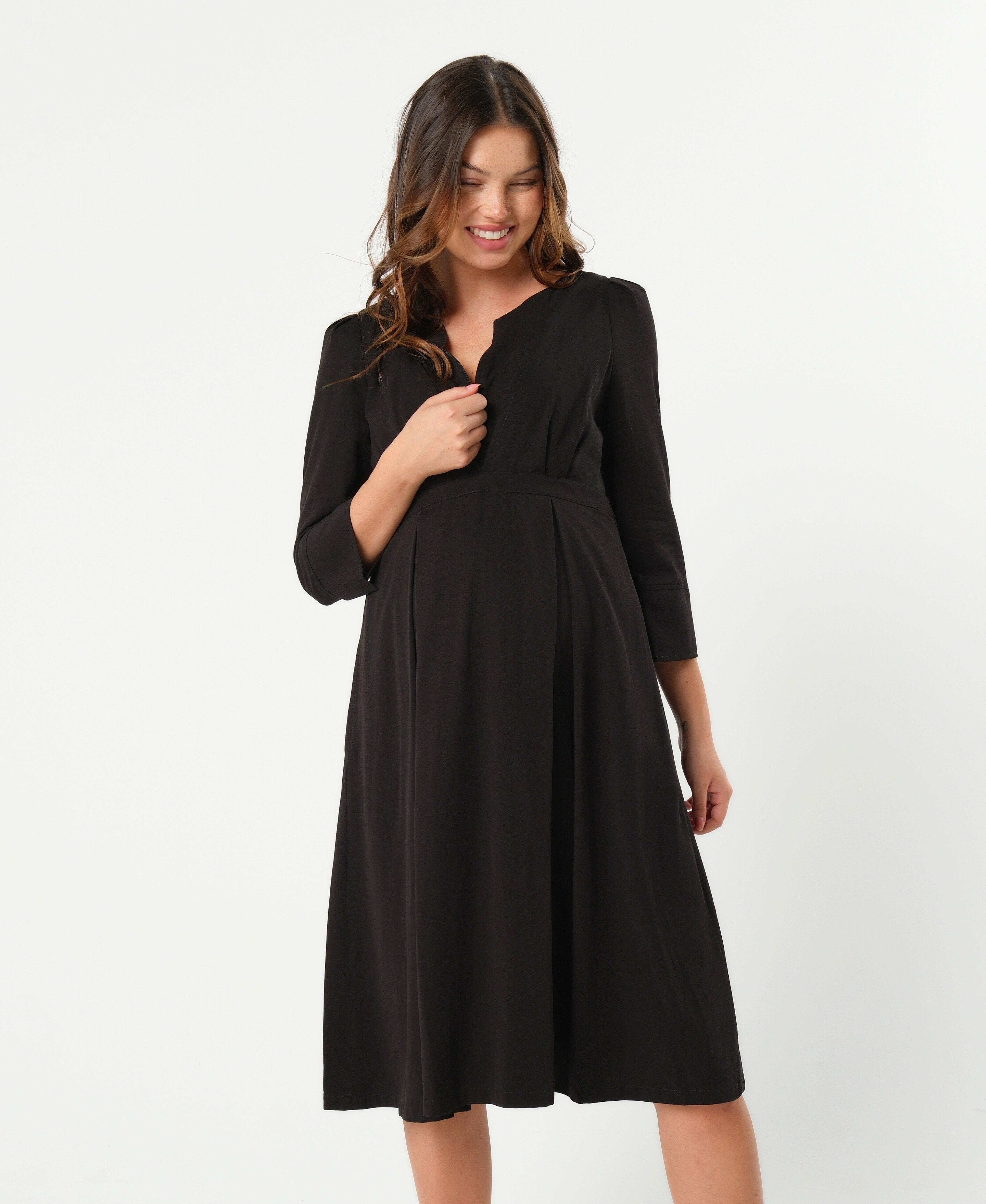 Black Maternity Nursing Dress Empire Waist Luxury Sustainable TENCEL Maternity Workwear for Business, Baby Shower, Wedding Guest in regular and petite sizes. 