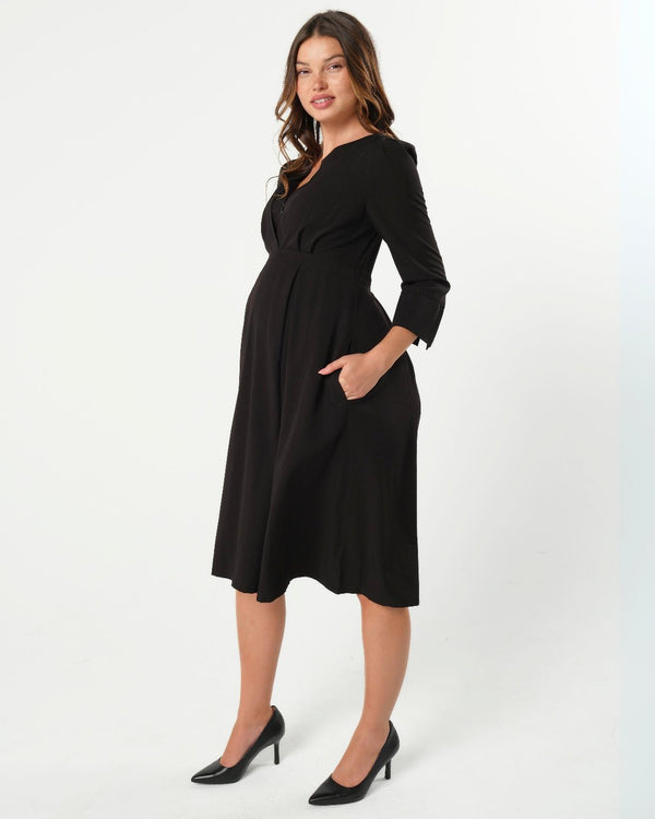 Black Maternity Nursing Dress Empire Waist Luxury Sustainable TENCEL Maternity Workwear for Business, Baby Shower, Wedding Guest in regular and petite sizes. 