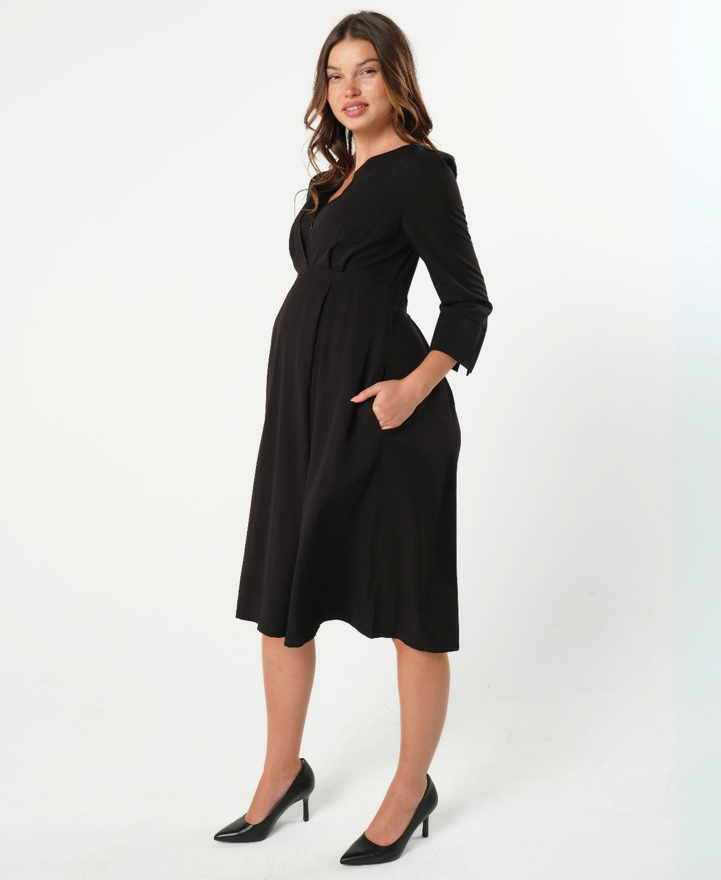 Black Maternity Nursing Dress Empire Waist Luxury Sustainable TENCEL Maternity Workwear for Business, Baby Shower, Wedding Guest in regular and petite sizes. 