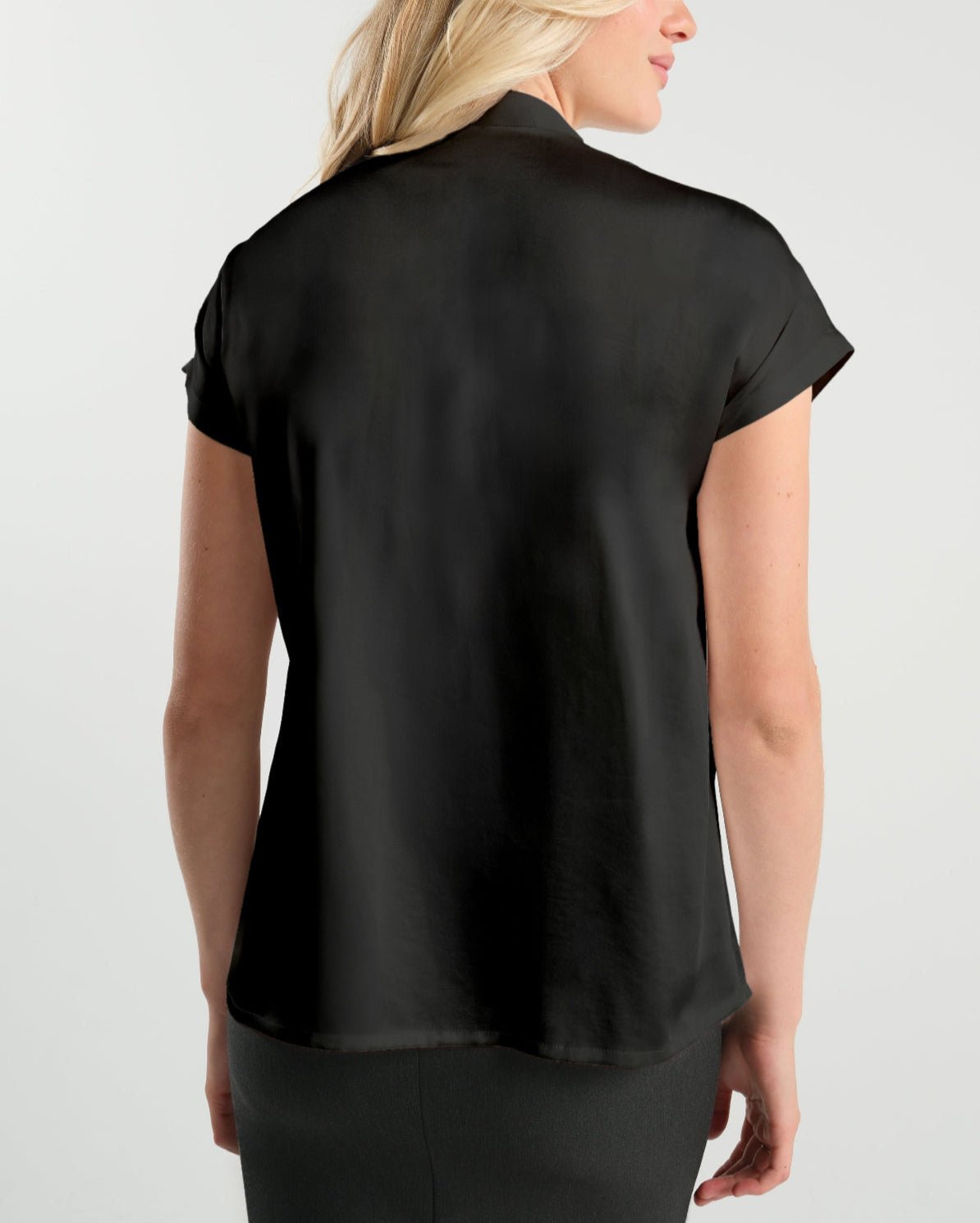 Luxury black maternity and nursing satin shell top. Pregnancy business attire for work and the courtroom. Pregnant lawyer and petite friendly. High quality breastfeeding workwear shirt by MARION. 