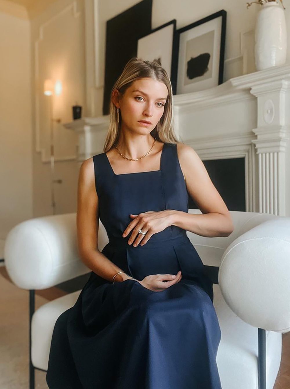 Luxury blue maternity dress, from MARION's collection of luxe maternity and nursing dresses. Sustainable, available in standard and petite maternity sizes. Features designer breastfeeding access. Perfect maternity wedding guest dress, baby shower dress, or maternity tea party dress.