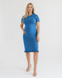 This high end blue knee-length knit maternity dress features breathable stretch cotton knit, a feminine hem ruffle, and easy crew neck. Petite and tall friendly, offered in standard and plus sizes up to 2x. Perfect maternity business attire, wedding guest dress, baby shower outfit, or everyday dress. 