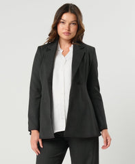  Charcoal gray maternity blazer suit jacket in luxury Italian stretch suiting fabric. Empire waist pant suit separates for your best pregnancy, breastfeeding, and postpartum fit. Petite and regular sizes. 38% sustainable recycled fibers. Also sold by Nordstrom, Bloomingdale's, and Macy's maternity.