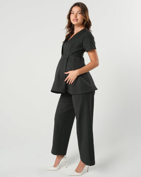 Charcoal gray luxury maternity suit top separates, part of corporate business maternity skirt suit or pant suit. Nursing access for breastfeeding and pumping ease. Cut with sustainable luxury Italian stretching suiting fabric, washable. For pregnant lawyers, executives, and boss ladies. 