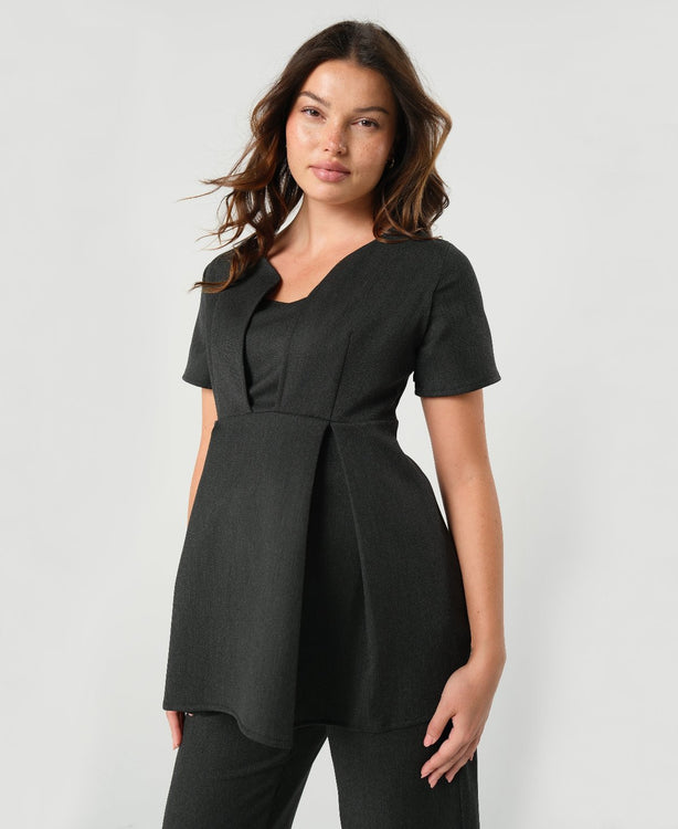 Charcoal gray luxury maternity suit top separates, part of corporate business maternity skirt suit or pant suit. Nursing access for breastfeeding and pumping ease. Cut with sustainable luxury Italian stretching suiting fabric, washable. For pregnant lawyers, executives, and boss ladies. 