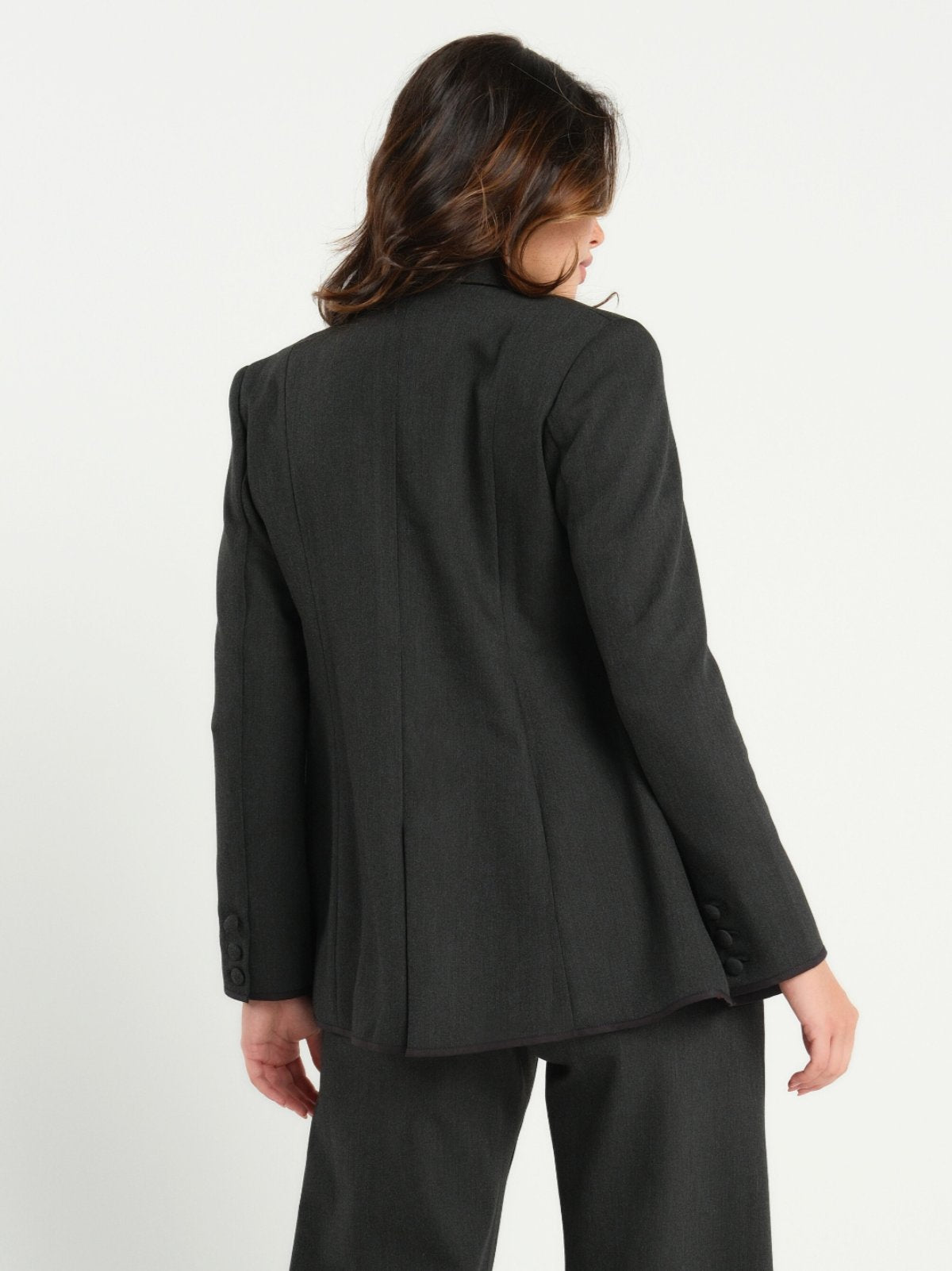 Charcoal gray maternity blazer suit jacket in luxury Italian stretch suiting fabric. Empire waist pant suit separates for your best pregnancy, breastfeeding, and postpartum fit. Petite and regular sizes. 38% sustainable recycled fibers. Also sold by Nordstrom, Bloomingdale's, and Macy's maternity. 