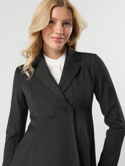 Charcoal gray maternity blazer suit jacket in luxury Italian stretch suiting fabric. Empire waist pant suit separates for your best pregnancy, breastfeeding, and postpartum fit. Petite and regular sizes. 38% sustainable recycled fibers. Also sold by Nordstrom, Bloomingdale's, and Macy's maternity. 