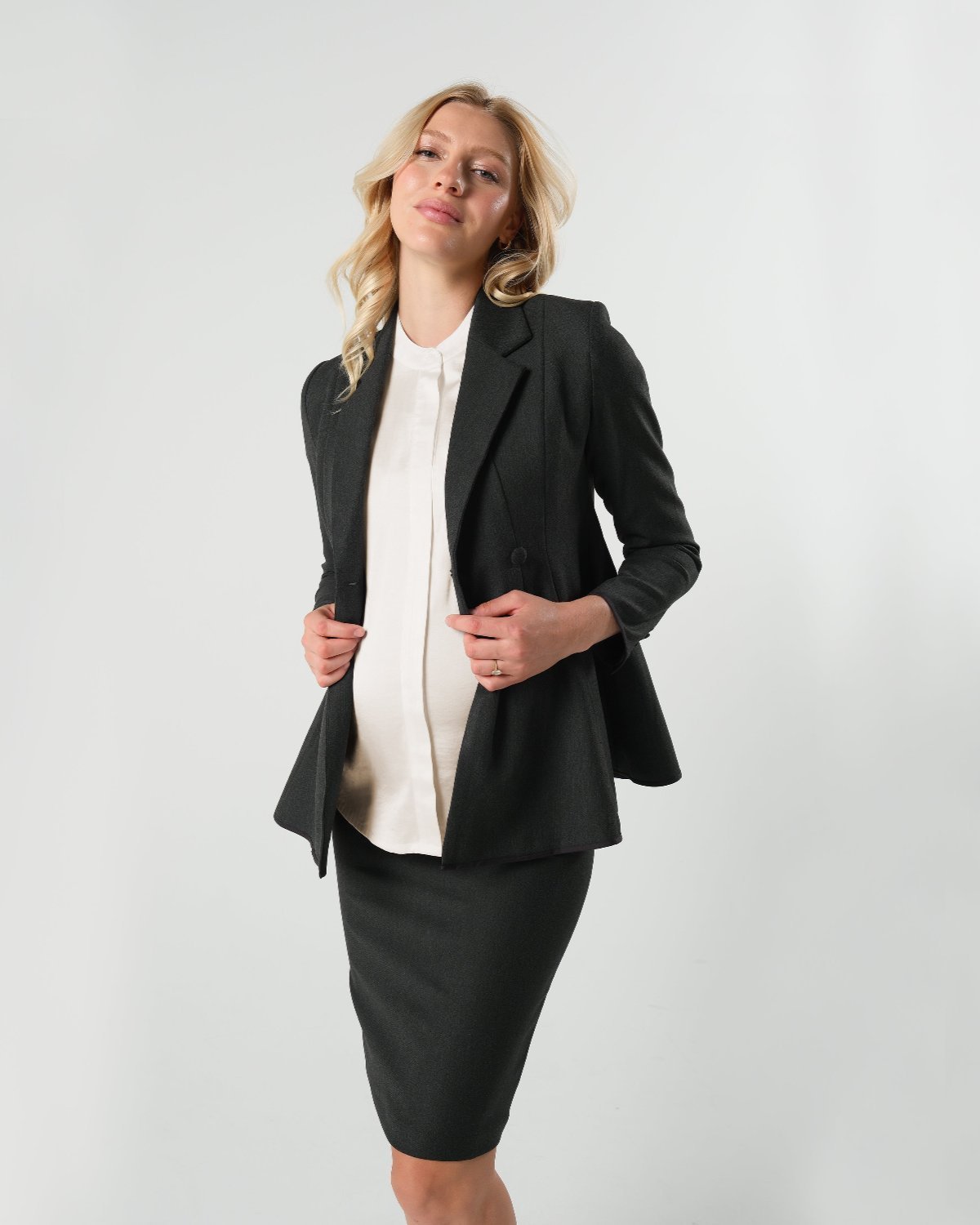 Luxury off white maternity and nursing shell top with charcoal skirt suit for pregnancy. Pregnancy business attire for work and the courtroom. Pregnant lawyer and petite friendly. Cream breastfeeding shirt by MARION, in our most comfortable, breathable, silky fabric yet. 