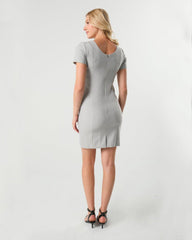 Light gray maternity and nursing dress for work. Maternity business apparel by MARION. Nursing dress for office with hidden breastfeeding zipper. Luxury, sustainable Italian suiting fabric, short sleeves, round neckline. Petite friendly, best maternity workwear.