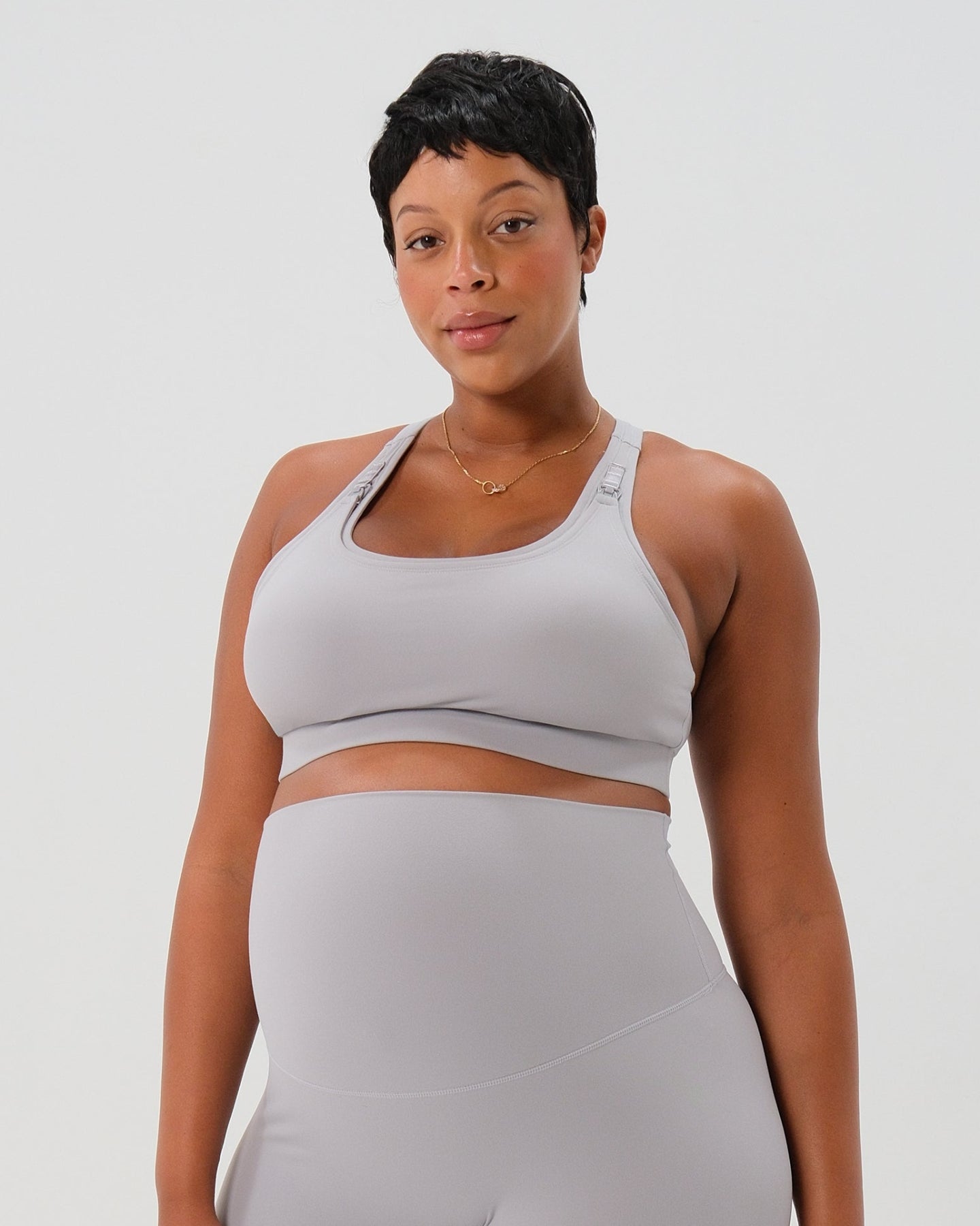 Light gray AXK maternity high-impact, racerback pregnancy and nursing sports bra. Part of AXK's 2026 collection of premium maternity athletic and activewear and designer loungewear collections. Our reviews say it all - AXK's bras are the best on the market. 