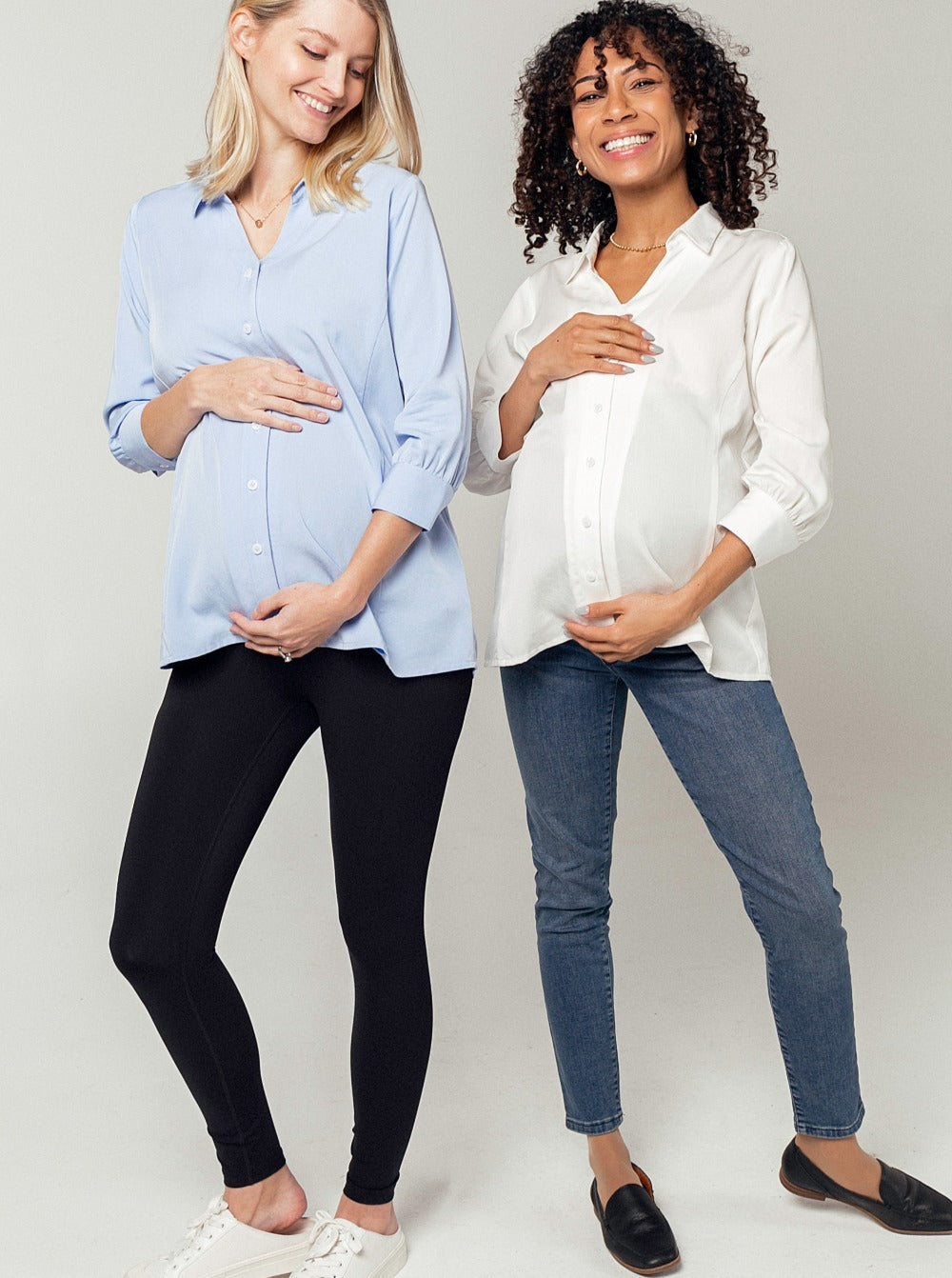 White maternity button down shirt for pregnancy and nursing. Maternity workwear top with no gap technology. Cut with luxury sustainable TENCEL for the office, the courtroom, or Saturday errands. Petite and standard sizes.