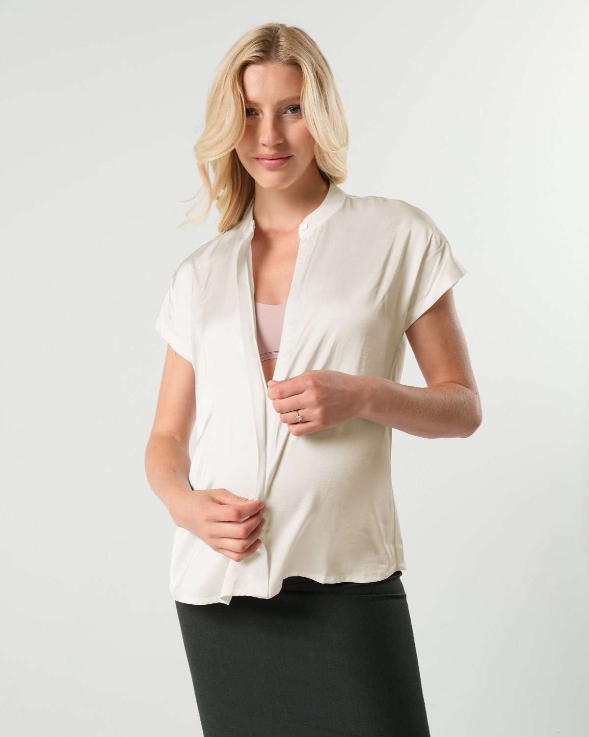 Luxury off white maternity and nursing shell top. Pregnancy business attire for work and the courtroom. Pregnant lawyer and petite friendly. Cream breastfeeding shirt by MARION. 