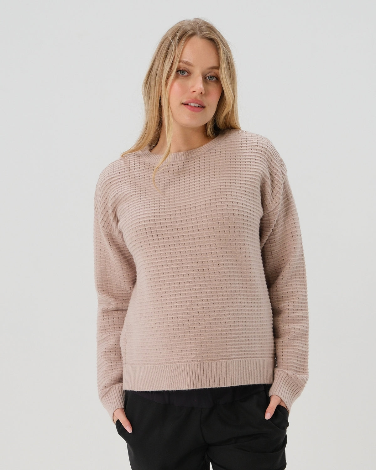 Taupe neutral premium maternity and nursing sweater in stretch cotton box knit. Featuring shoulder button detail for breastfeeding and discreet hem thumbholes for an extra cozy fit. Oversized fit is flattering, polished, and versatile - transitioning from pregnancy workwear to loungewear to streetwear with ease. Petite and tall friendly; available in regular and plus size. 