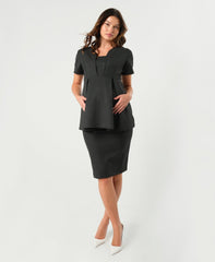 Charcoal gray maternity pencil skirt separates. Luxury corporate maternity business clothes for pregnant lawyers, executives, and boss ladies. Sustainable, washable, travel friendly workwear.