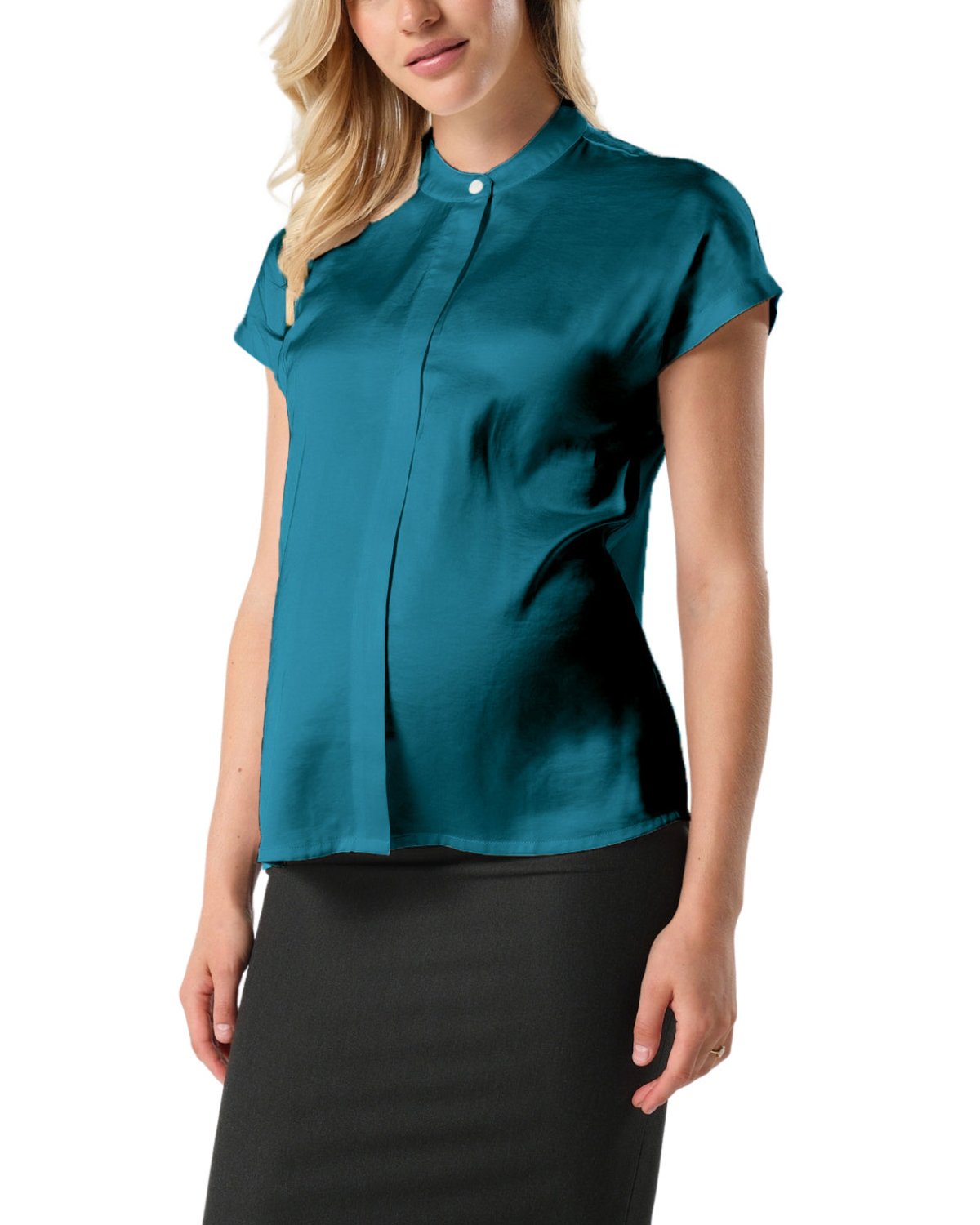 Luxury turquoise green blue maternity and nursing shell top. Pregnancy business attire for work and the courtroom. Pregnant lawyer and petite friendly. High quality jewel teal breastfeeding workwear shirt by MARION. 