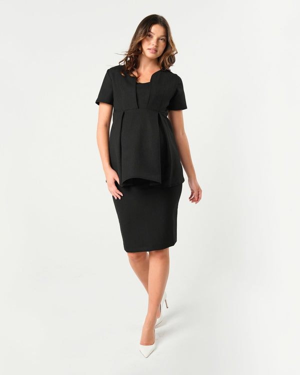 Black maternity pencil skirt separates. Luxury corporate maternity business clothes for pregnant lawyers, executives, and boss ladies. Sustainable, washable, travel friendly workwear.