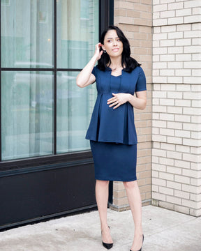 Navy blue maternity pencil skirt separates. Luxury corporate maternity business clothes for pregnant lawyers, executives, and boss ladies. Sustainable, washable, travel friendly workwear.