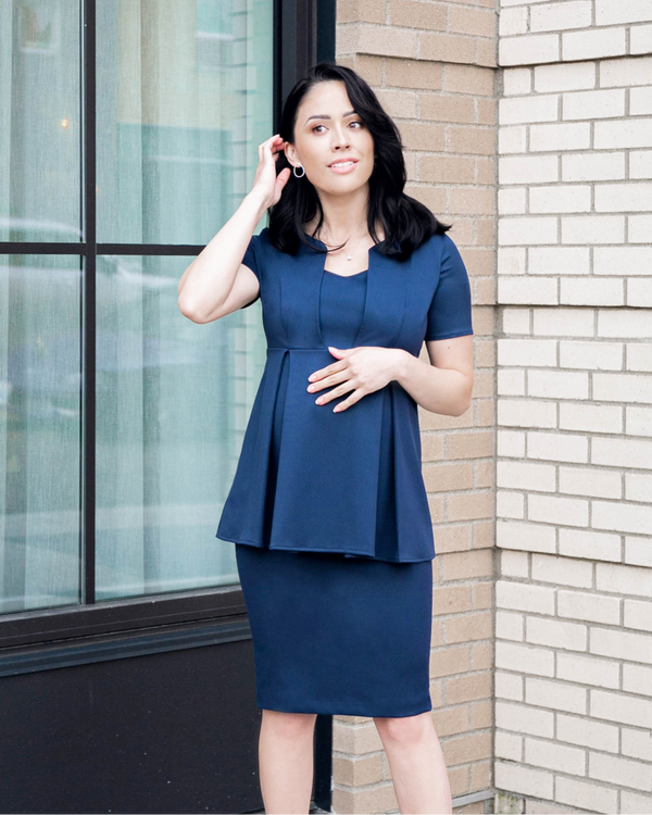 Navy blue maternity pencil skirt separates. Luxury corporate maternity business clothes for pregnant lawyers, executives, and boss ladies. Sustainable, washable, travel friendly workwear.