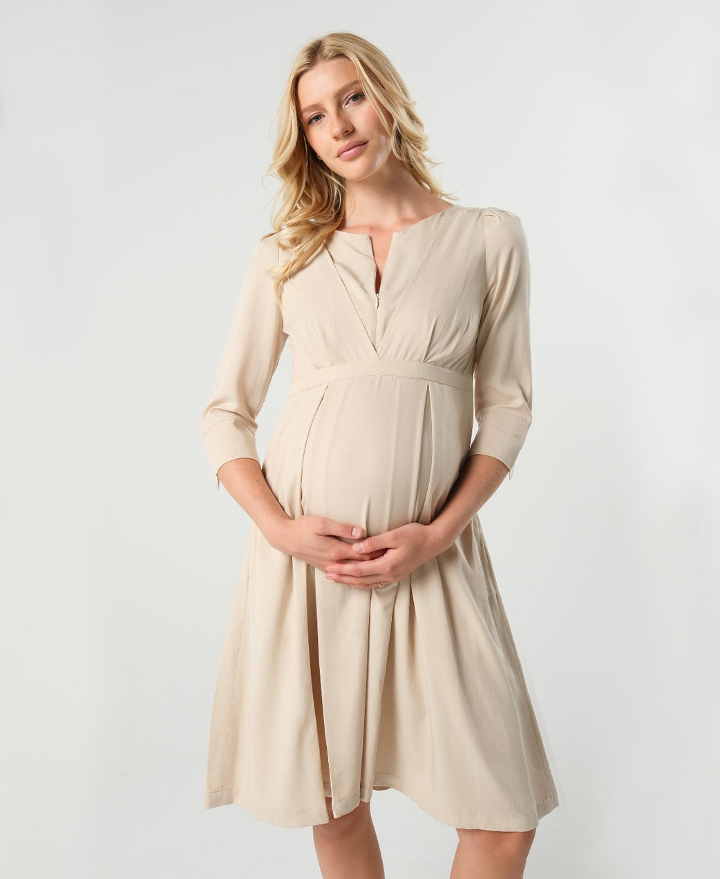 Maternity Nursing Dress Empire Waist Luxury Sustainable TENCEL Maternity Workwear for Business, Baby Shower, Wedding Guest in regular and petite sizes. 