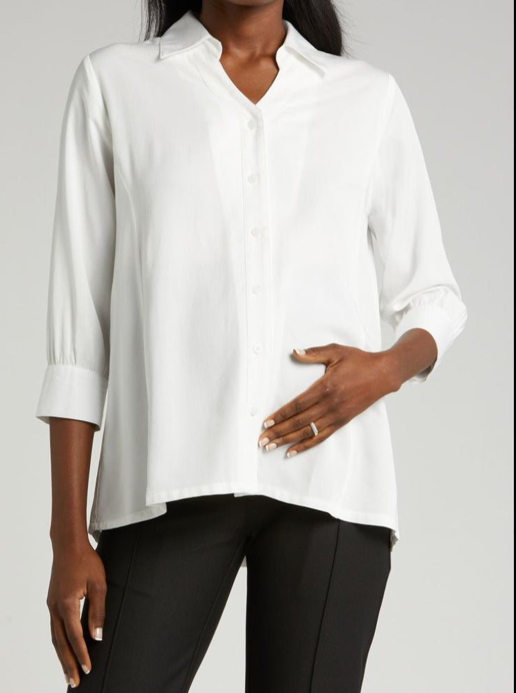 White maternity button down shirt for pregnancy and nursing. Maternity workwear top with no gap technology. Cut with luxury sustainable TENCEL for the office, the courtroom, or just Saturday errands