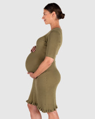 MARION olive green high quality knit maternity and postpartum sweater dress. Knee length with feminine hem detail, 3/4 sleeves, and crew neck. Made with luxury, comfortable cotton stretch knit. Petite and tall friendly, for work, wedding guest, baby shower, street style, party, or date night. Not a nursing style. 