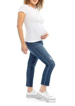 Petite maternity jeans. Petite maternity clothes by MARION, over belly bump support. Sustainable designer maternity fashion.