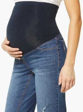 Petite friendly maternity blue jeans. Stretch belly. Sustainable.